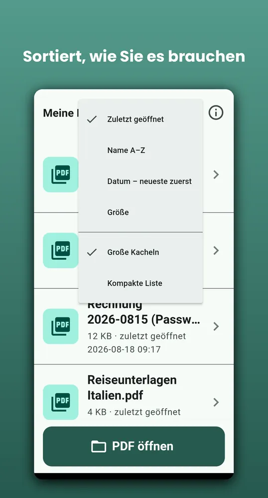 PDF Reader auf Android: Sortieren