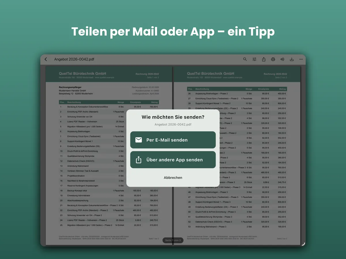 PDF Reader auf iPad: Teilen per Mail oder App