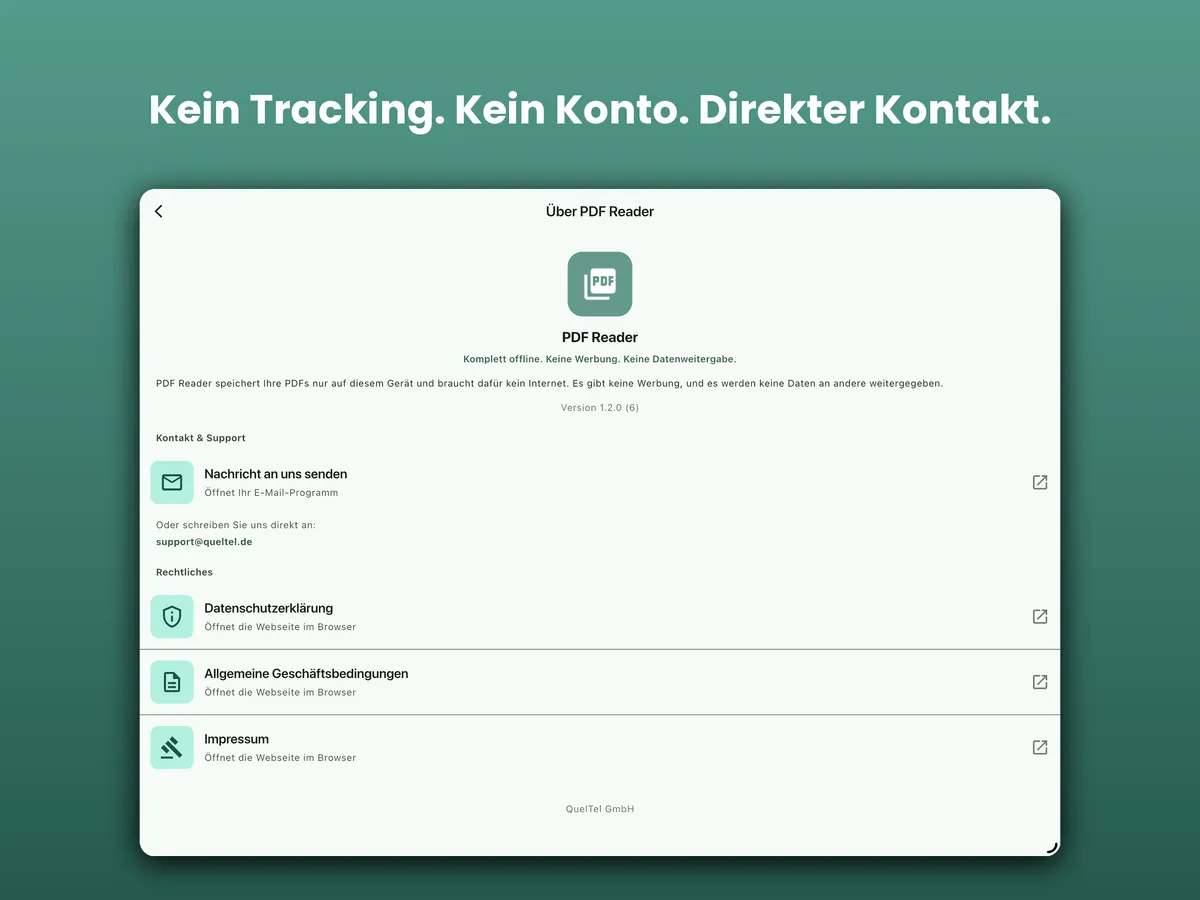 PDF Reader auf iPad: Kein Tracking, kein Konto, direkter Kontakt