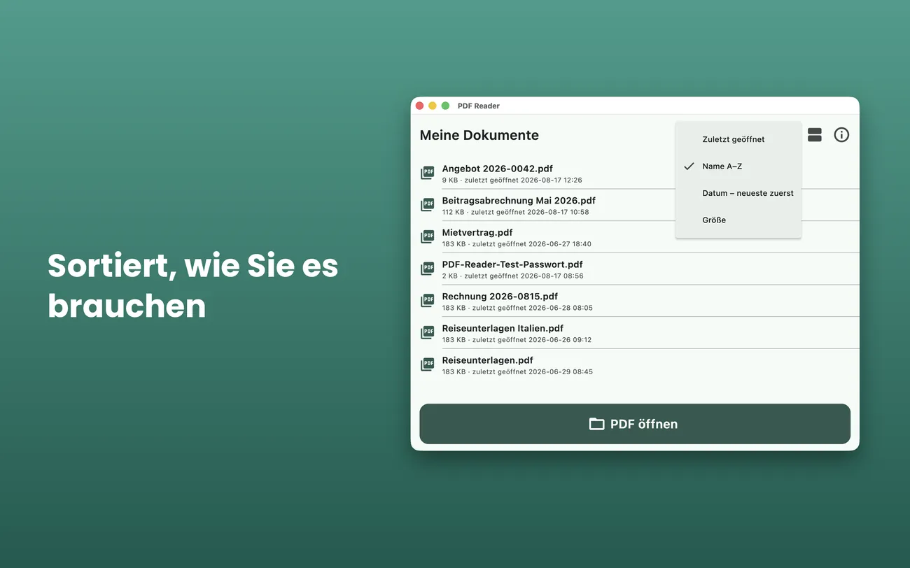 PDF Reader auf Mac: Sortieren